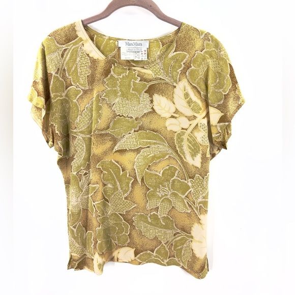 Max Mara 100% Silk Short Sleeve Blouse Top Size 2 Floral Leaf Print Green Yellow - Picture 1 of 8
